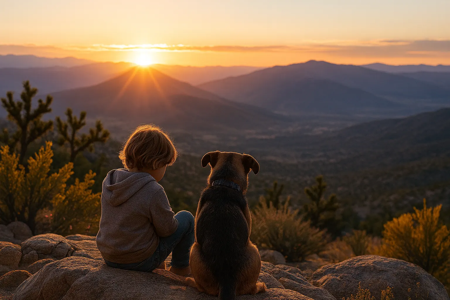 A child and a dog sitting together on a rock at sunset, looking out over desert hills.