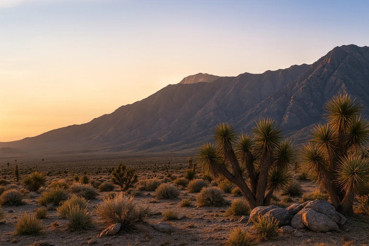 Joshua trees and desert scrub at golden hour below a rocky mountain.