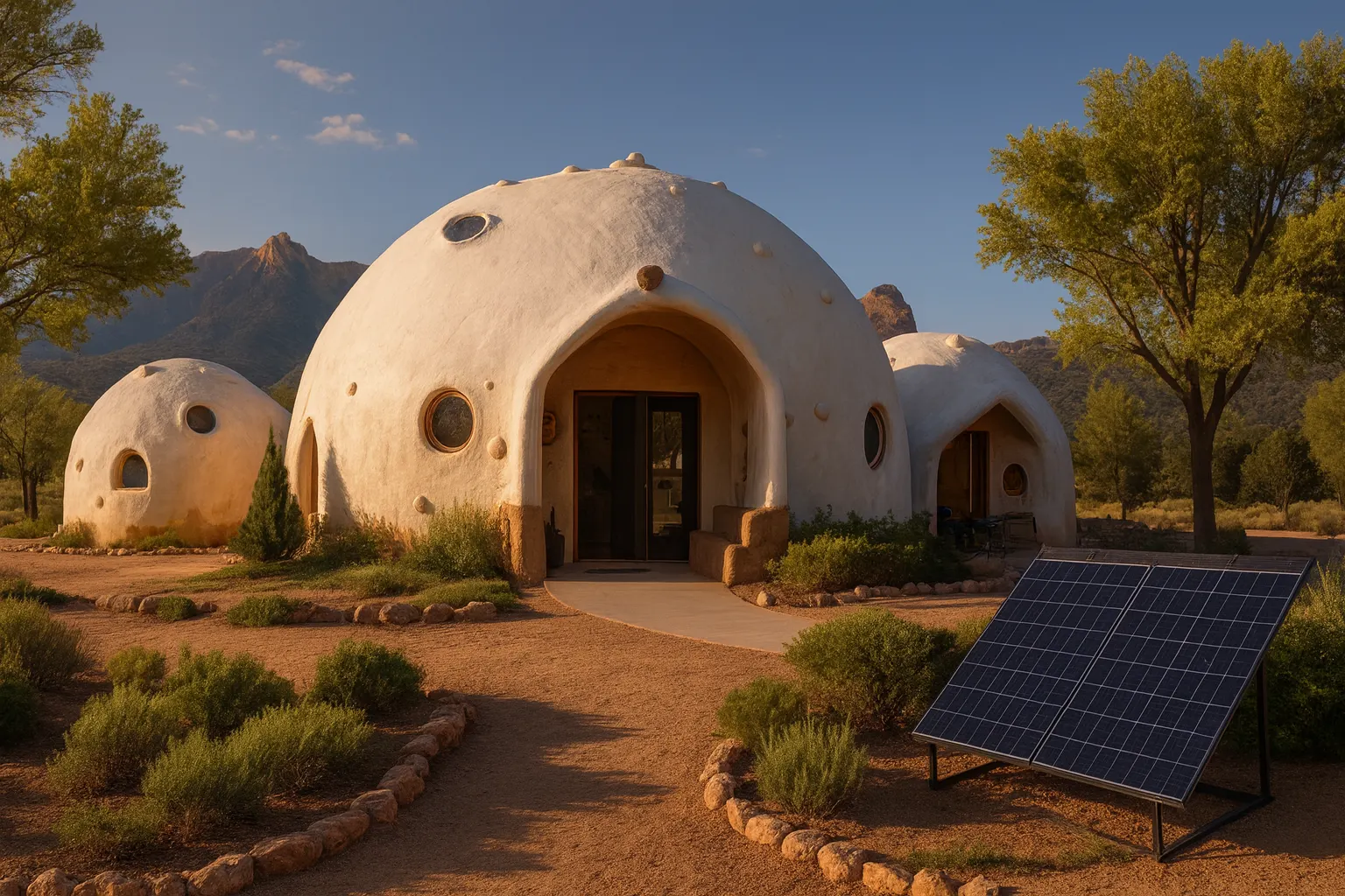 A small earthen dome home with a garden and solar panels.