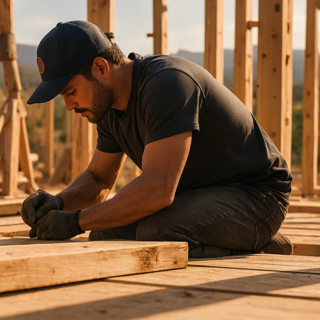 A man in a cap working on timber framing.