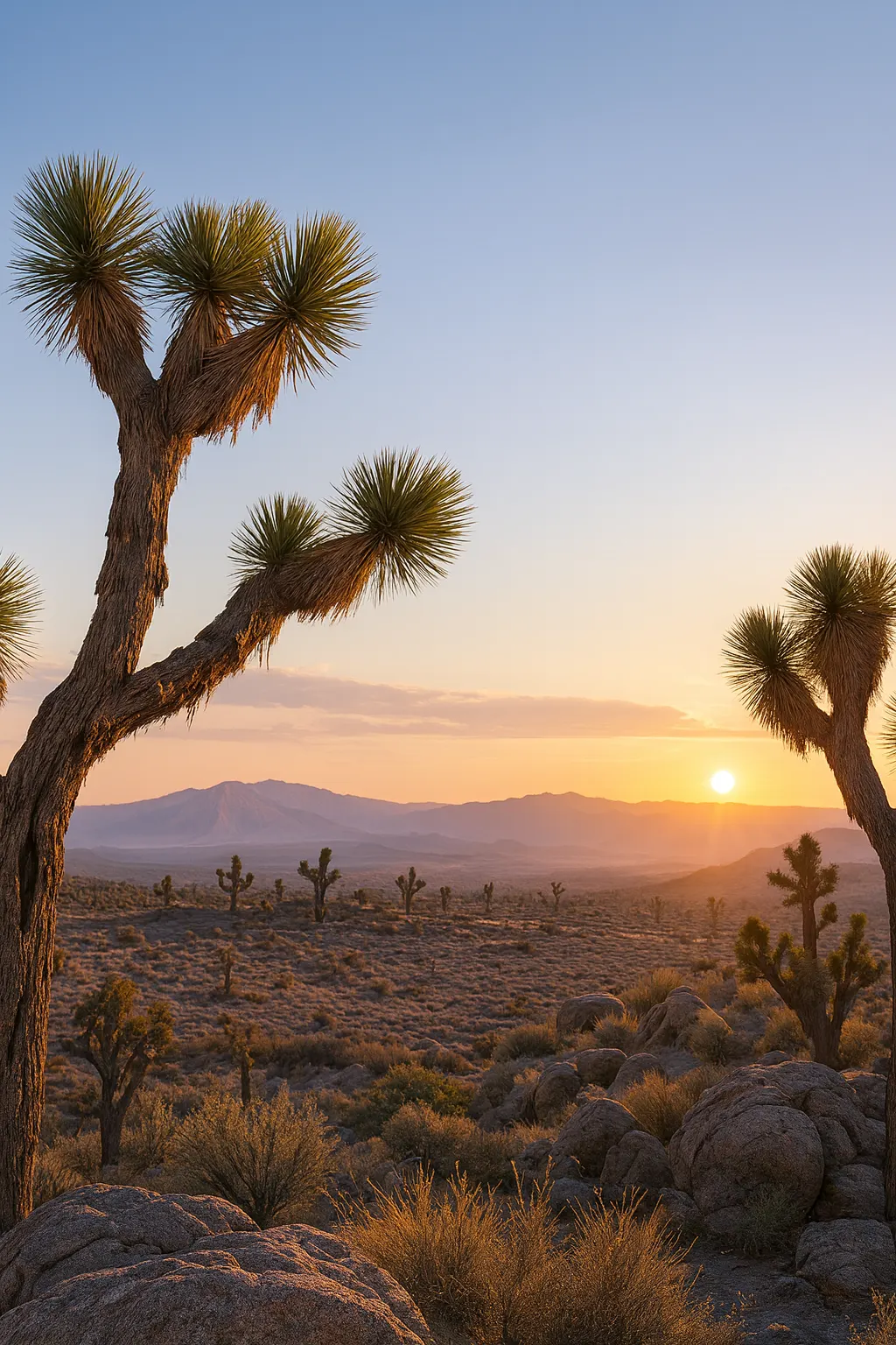 A Joshua tree at golden hour with desert hills behind.