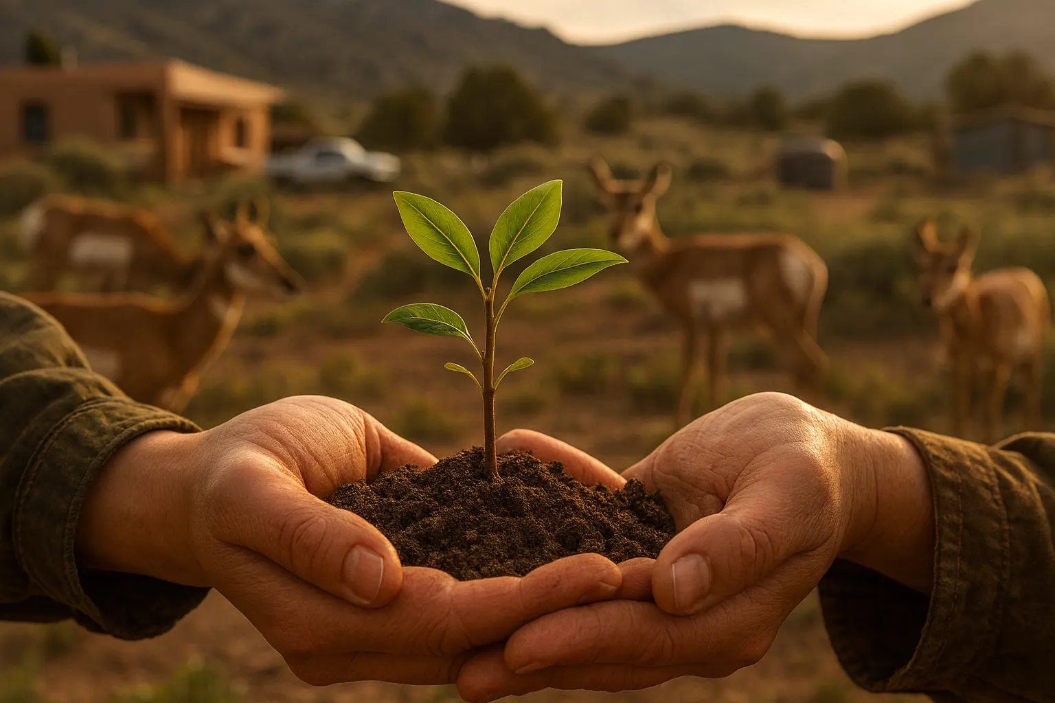 Cupped hands holding soil with a green seedling.