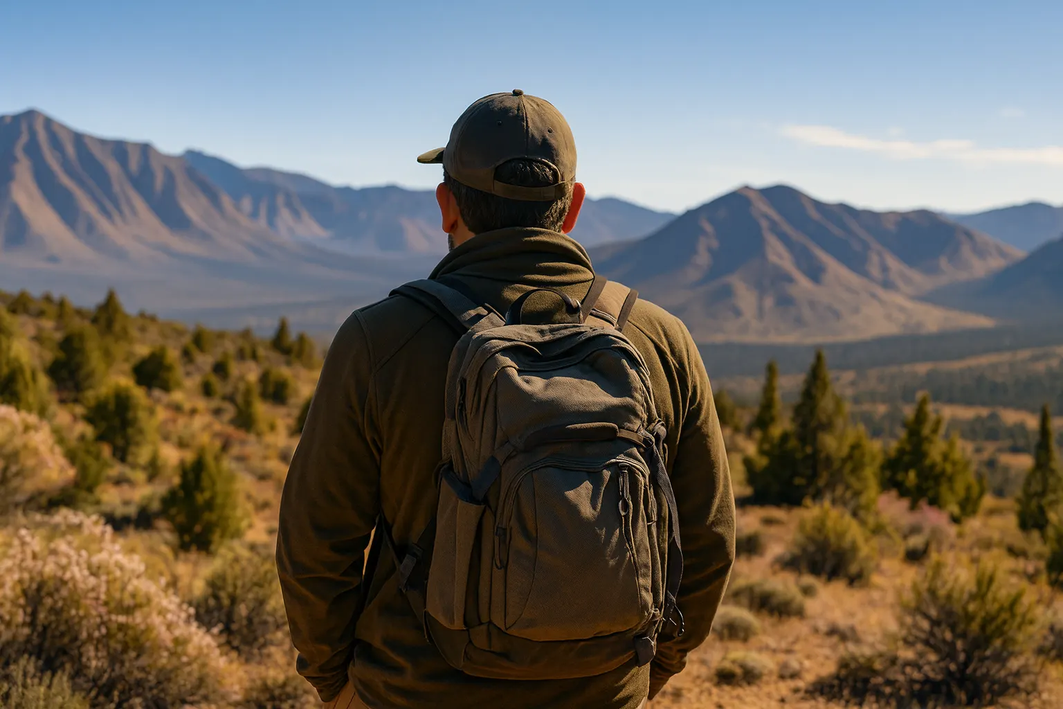 A hiker facing a mountain range in open high desert.