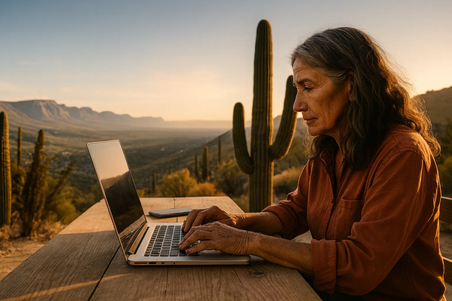An open laptop on an outdoor table with a saguaro behind.