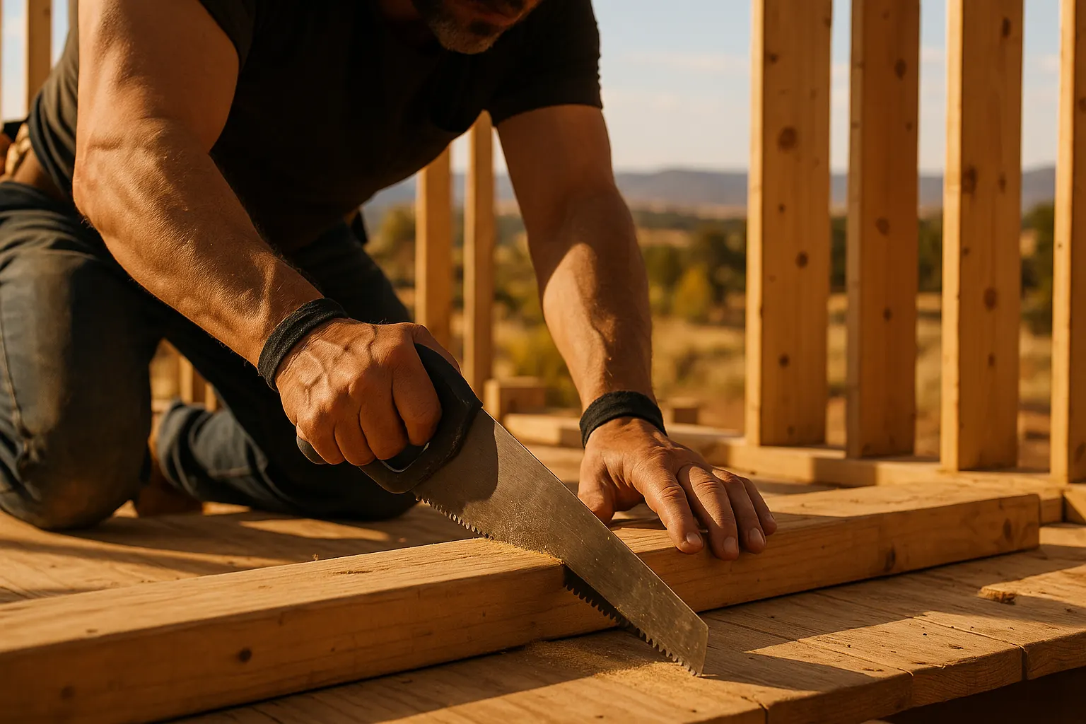 Hands sawing timber at a workbench.