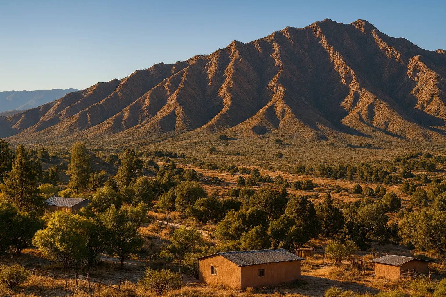 High-desert mountains and scrub under a blue sky.