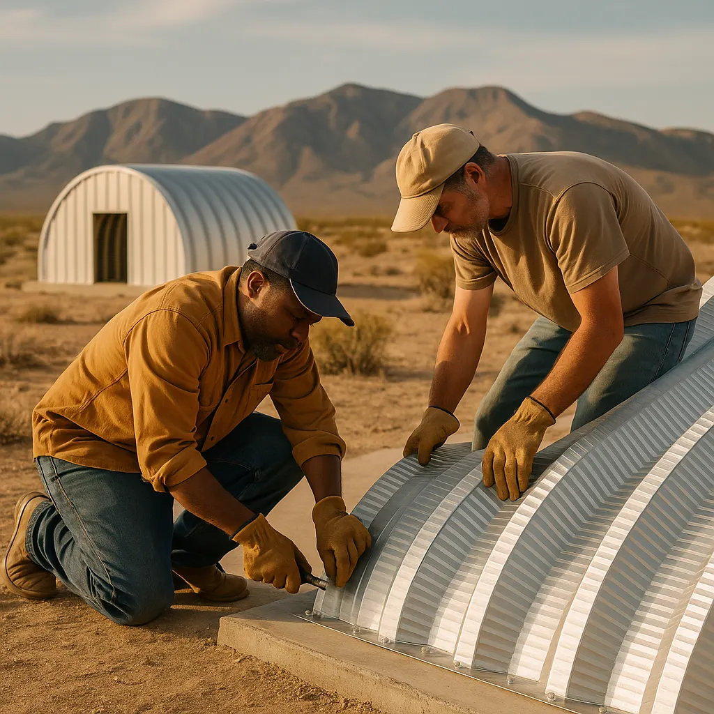 Two builders assembling the curved steel arches of a Quonset hut on a desert site.