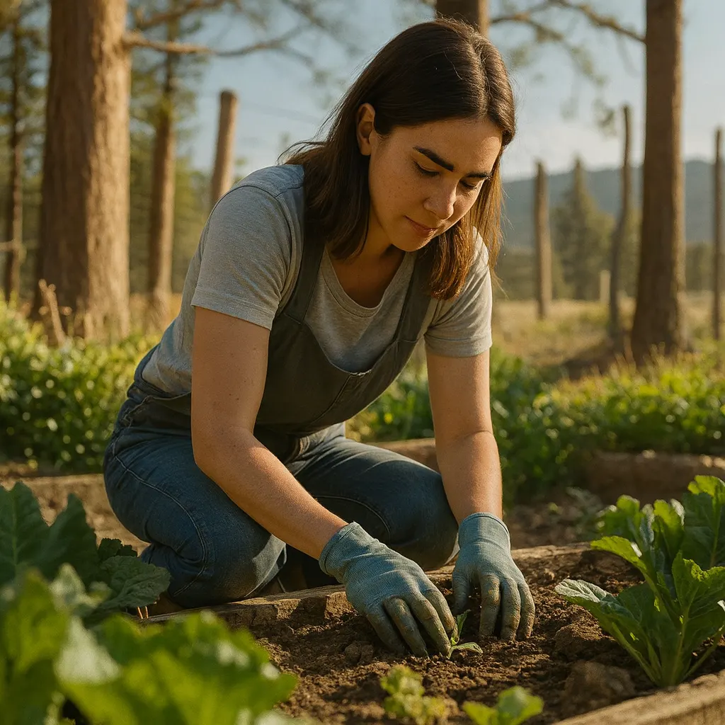 A woman kneeling in a raised garden bed, planting seedlings.