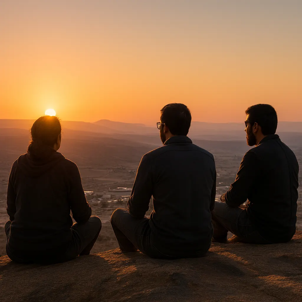 Three people sitting on a rock outcrop, watching the sun set over desert mountains.