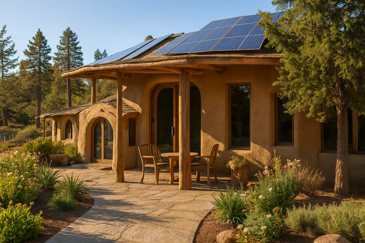 A small earth-toned home with solar panels on the roof and a shaded patio among desert plants and pines.