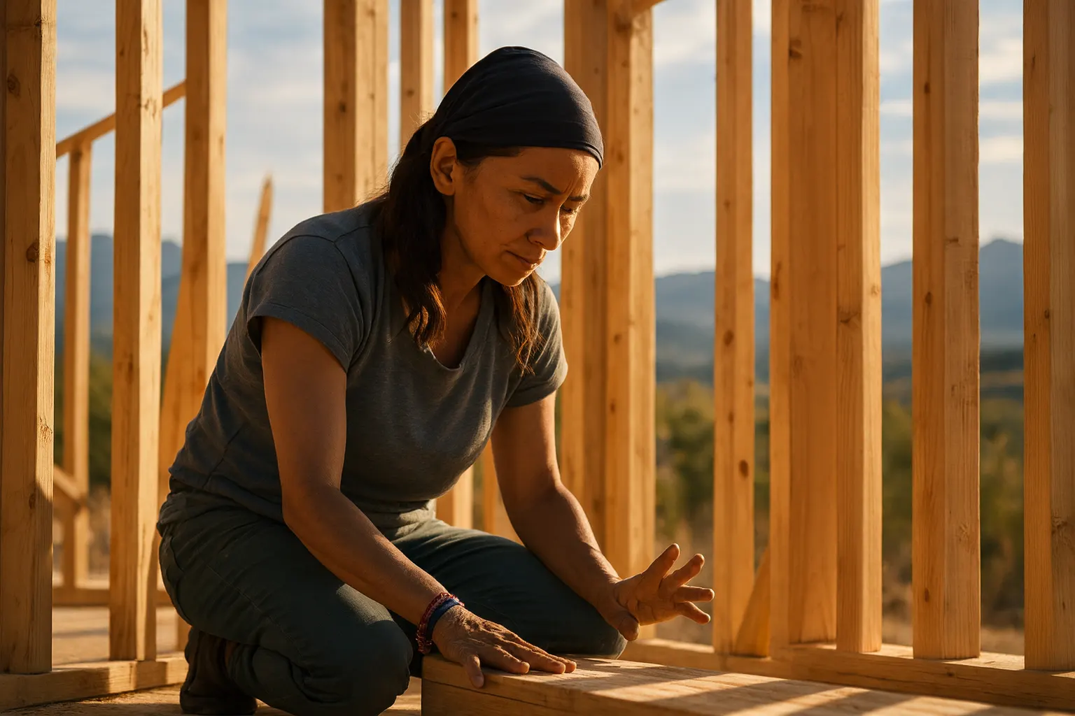 A person working on timber framing on a desert build site.