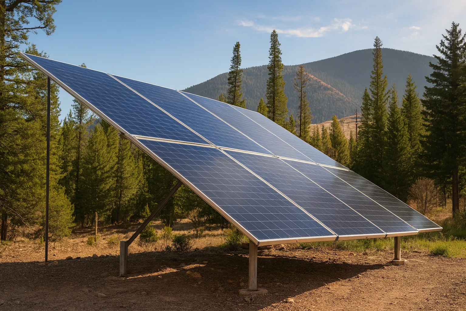 A small solar array beside pine trees.