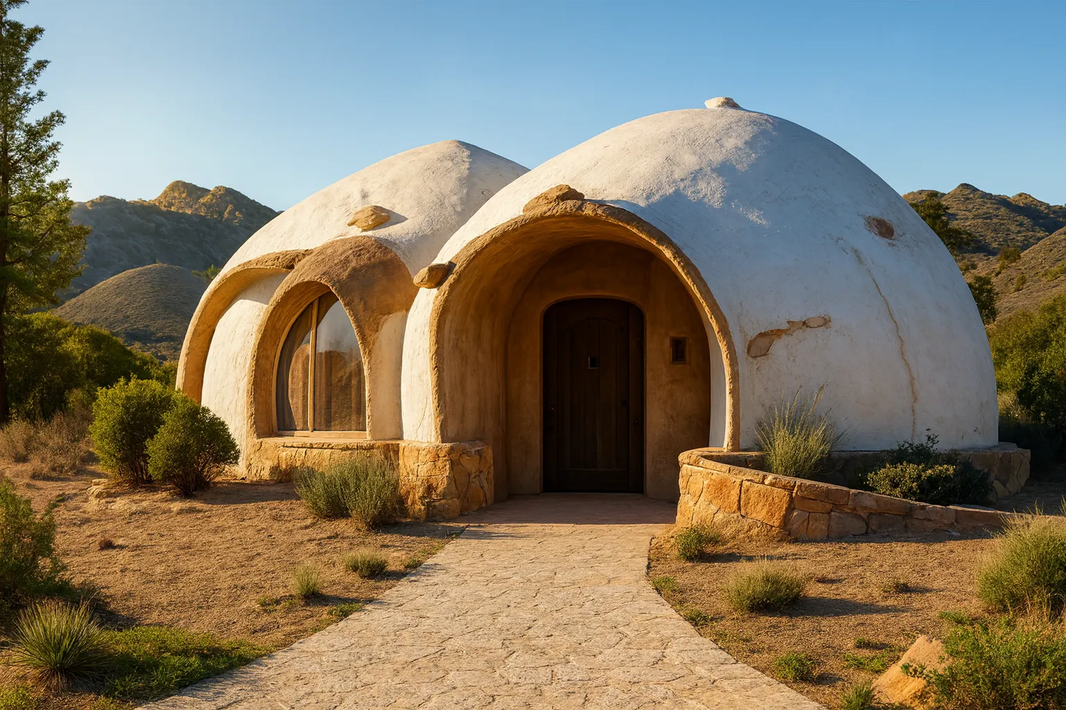 A small earthen dome home with an arched wooden door and a garden.