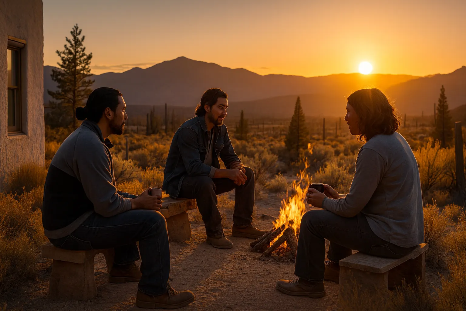 A few people talking together outdoors at sunset.