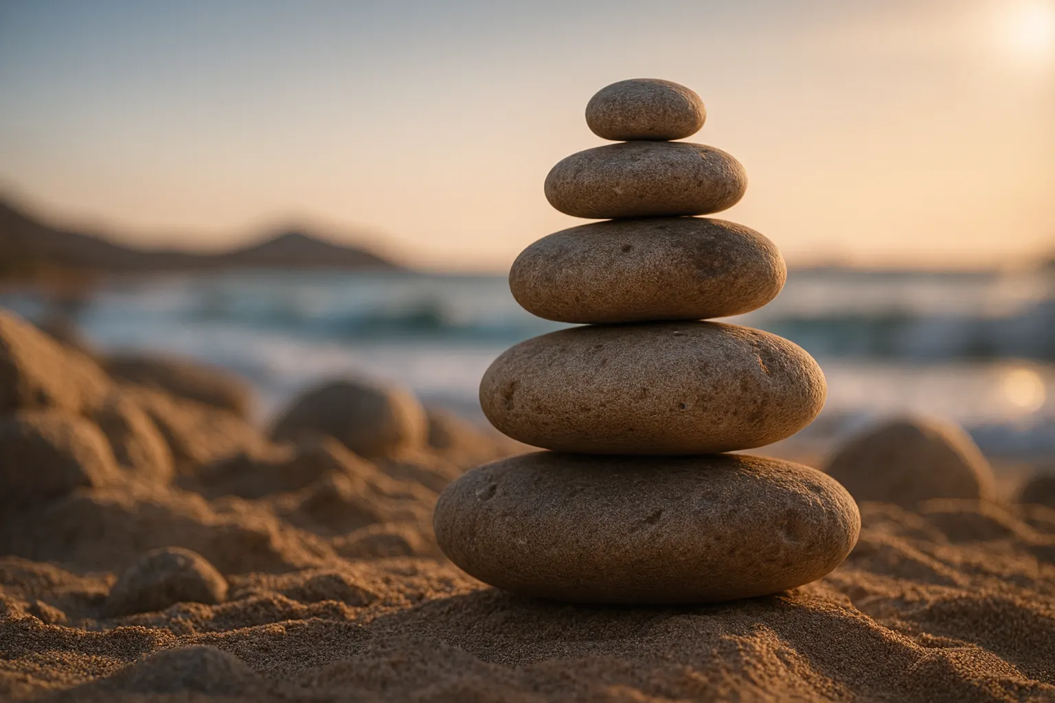 A balanced stack of river stones at the water's edge.