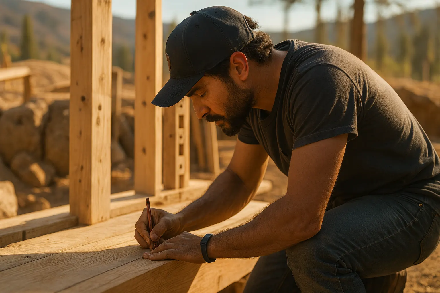 A carpenter measuring timber framing on a build site.