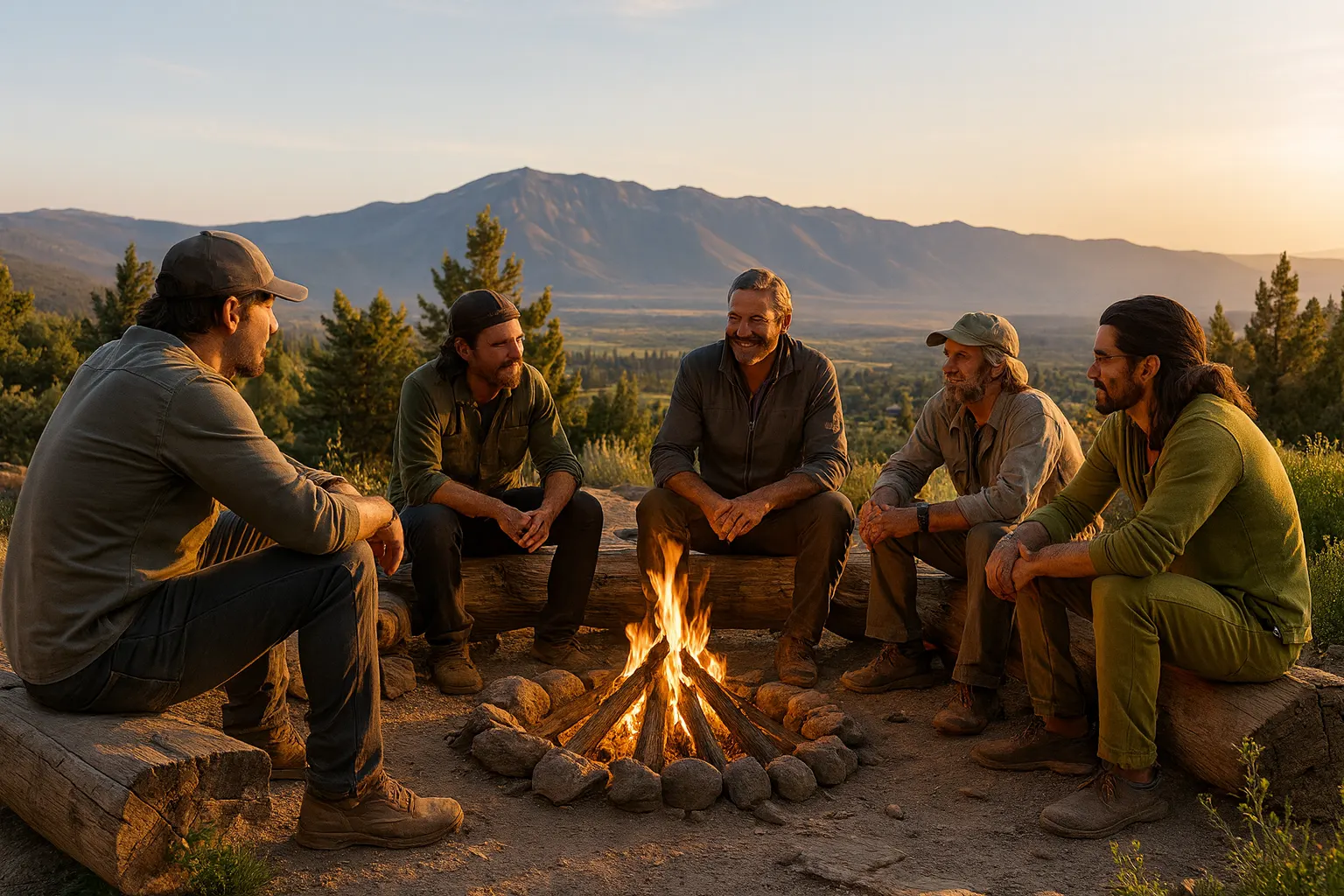 Five people of different ages sitting around a campfire in the high desert.