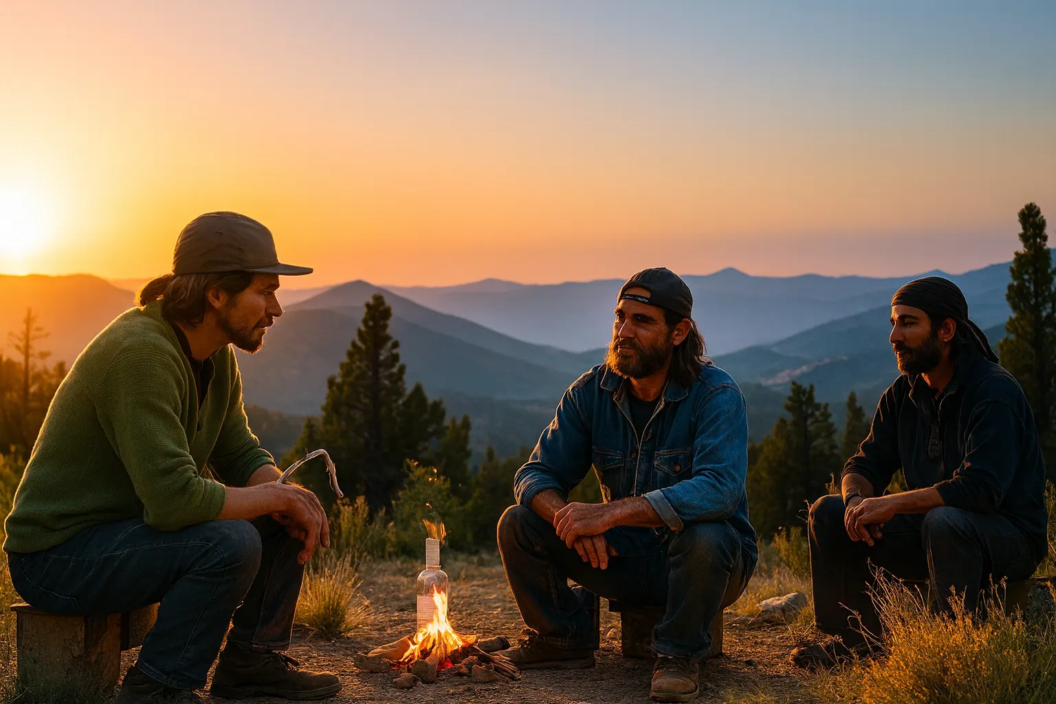 People gathered and talking outdoors at dusk.