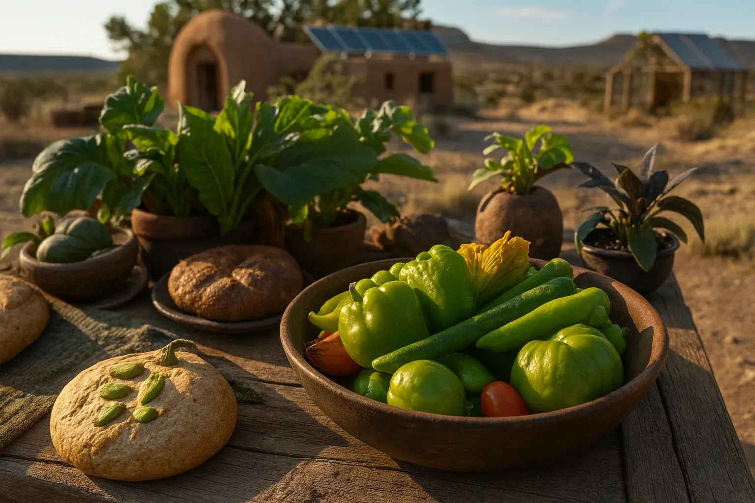 A bowl of fresh garden vegetables on a wooden table.