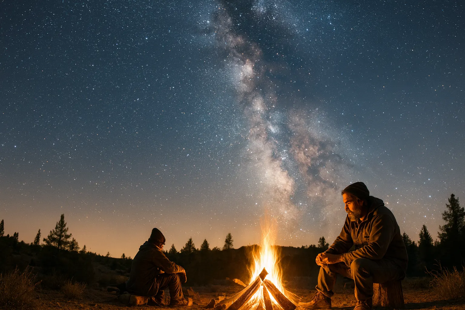 Two people by a small campfire under a starry sky.