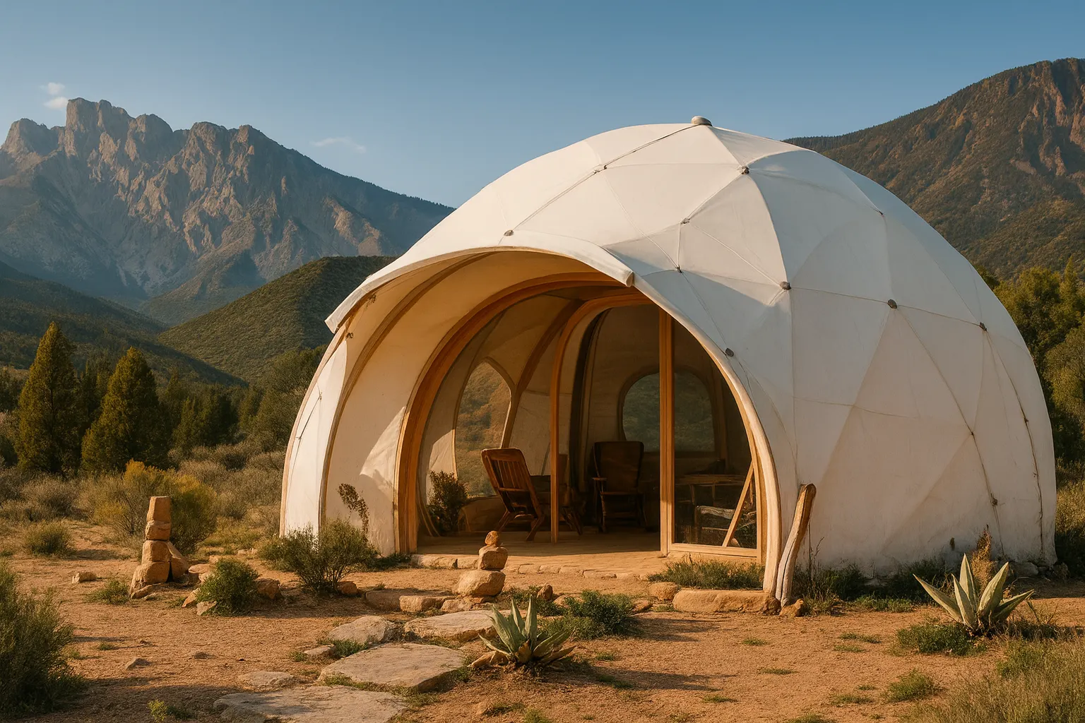 A simple white dome shelter with mountains behind.