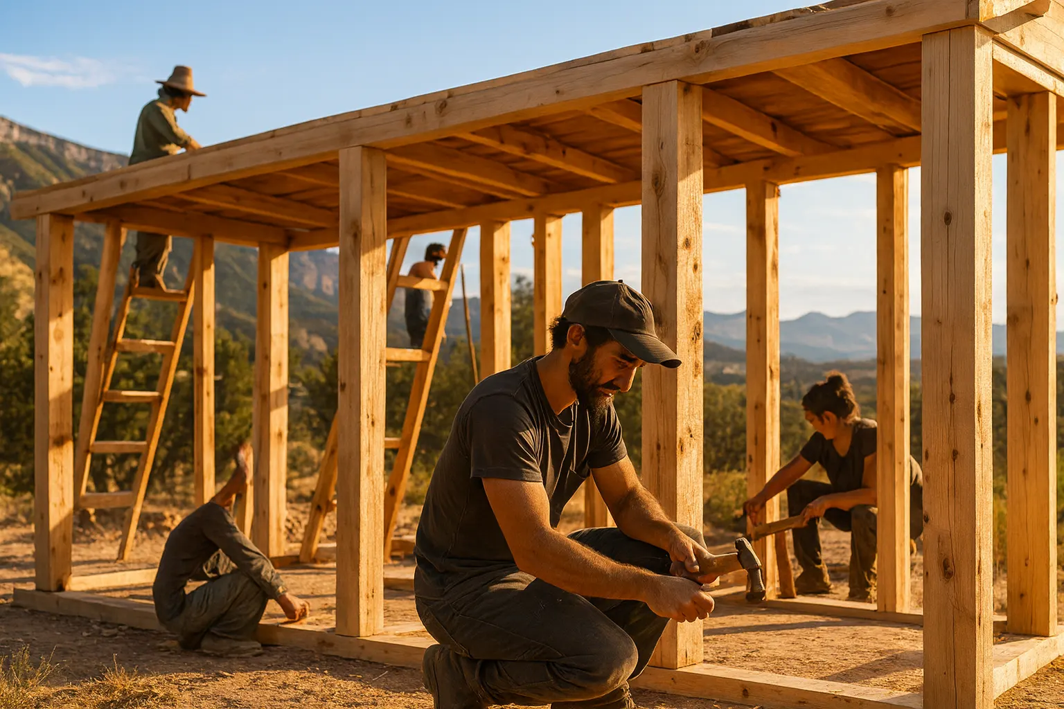 Two people building a timber frame in the desert, one on a ladder.