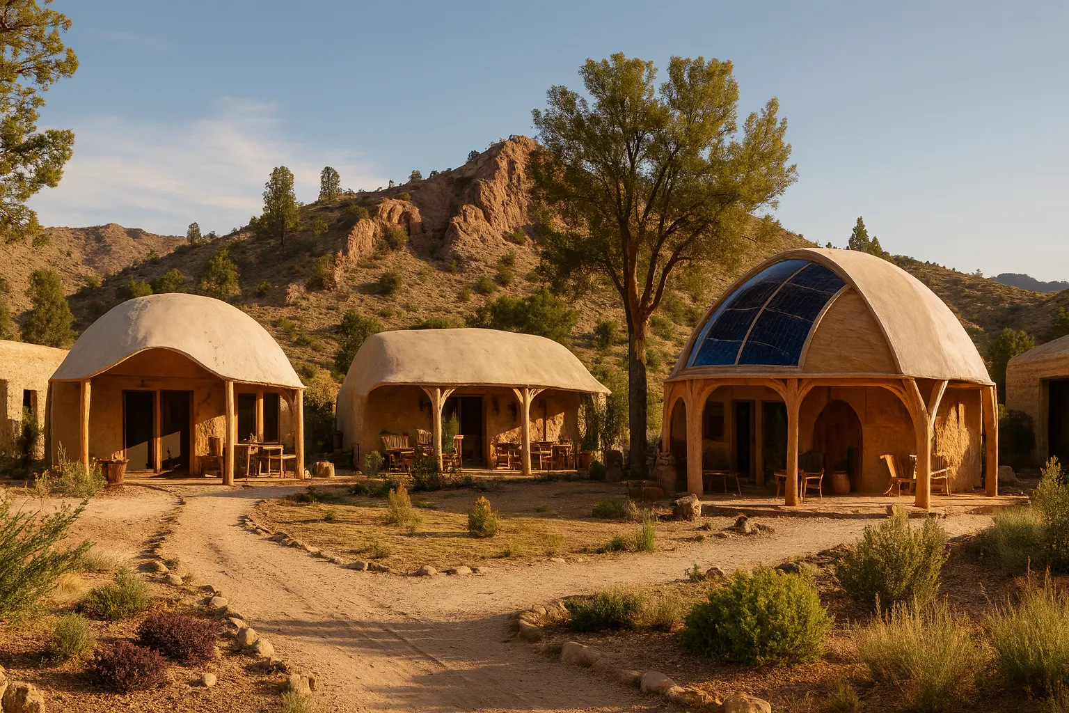 Conceptual rendering of earthen dome community buildings with solar panels and shaded seating.