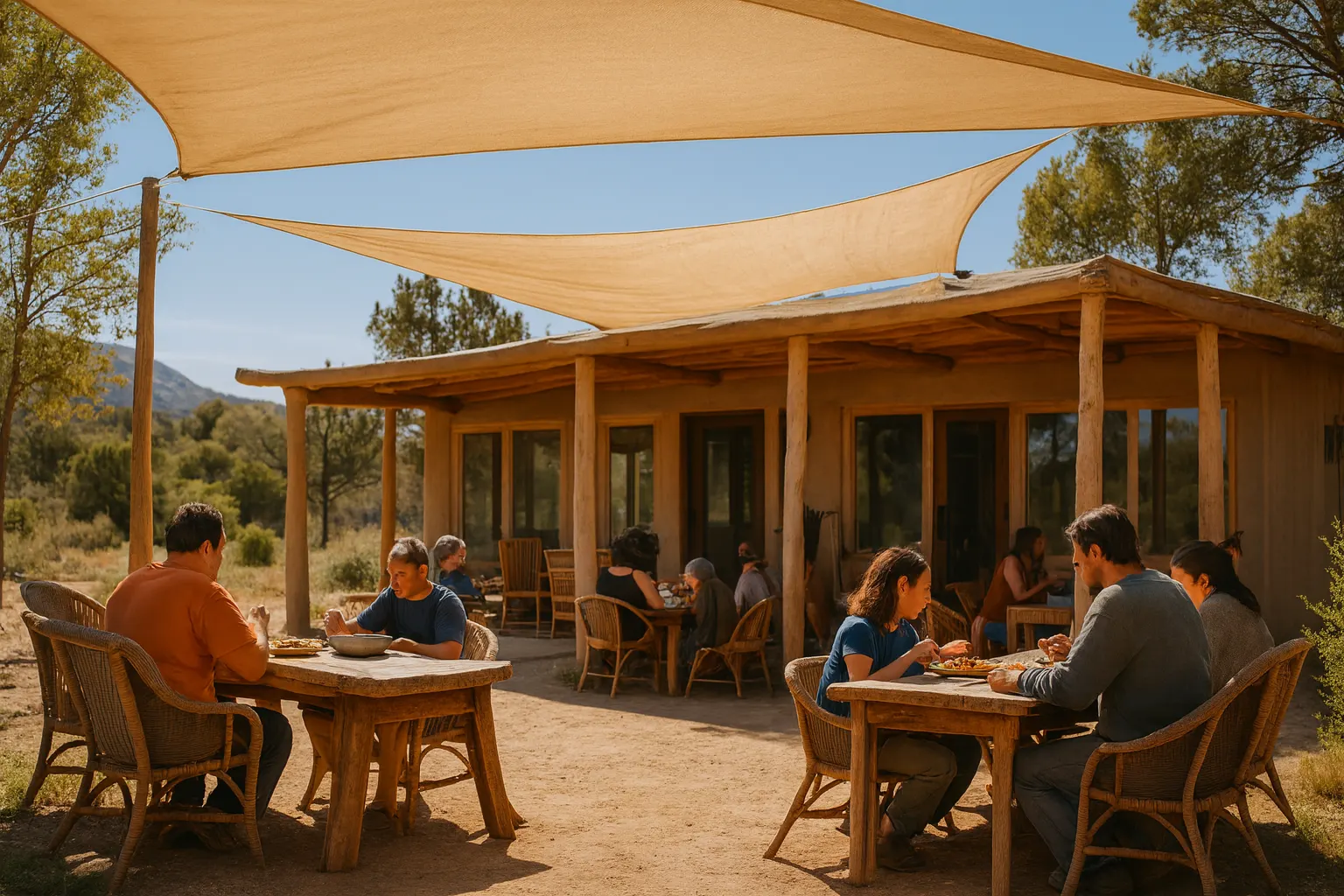 People eating together at long tables under a shade structure.
