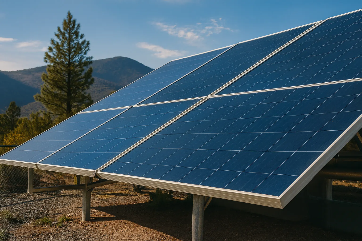 Ground-mounted solar panels among desert trees.