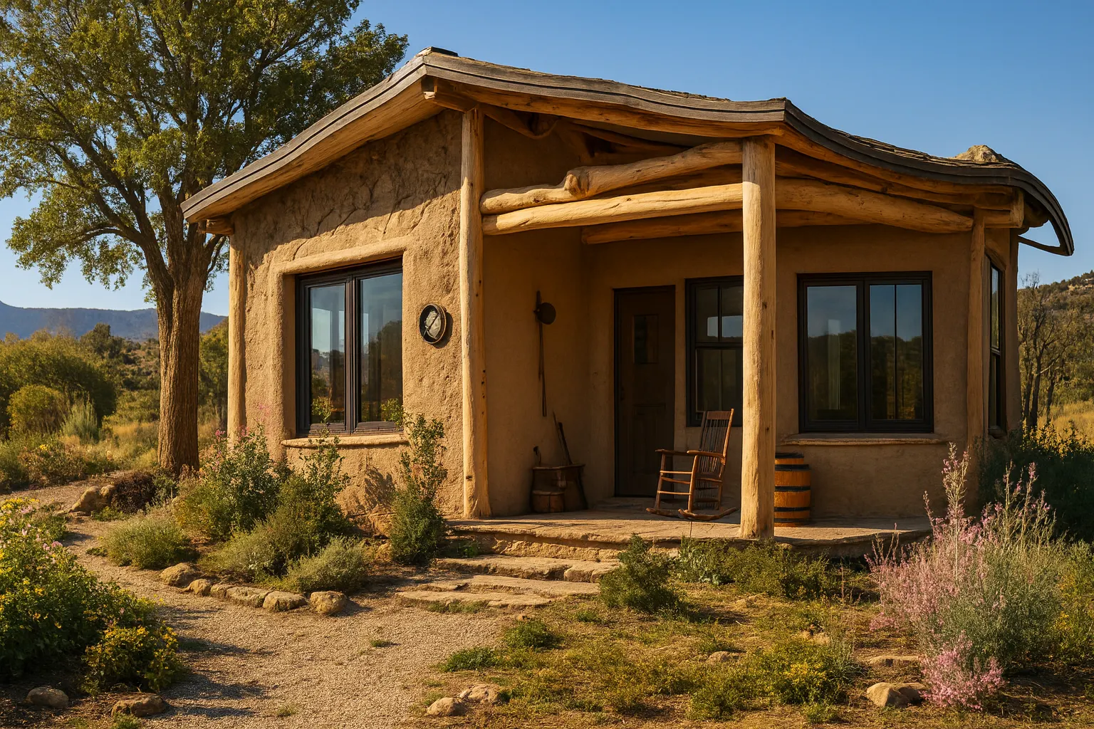 A small timber cabin with a porch among native plants.
