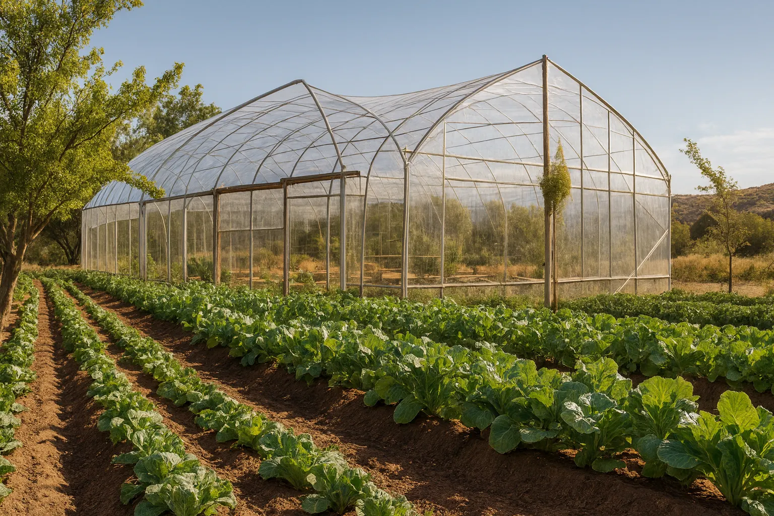 A hoop greenhouse with rows of vegetables outside.