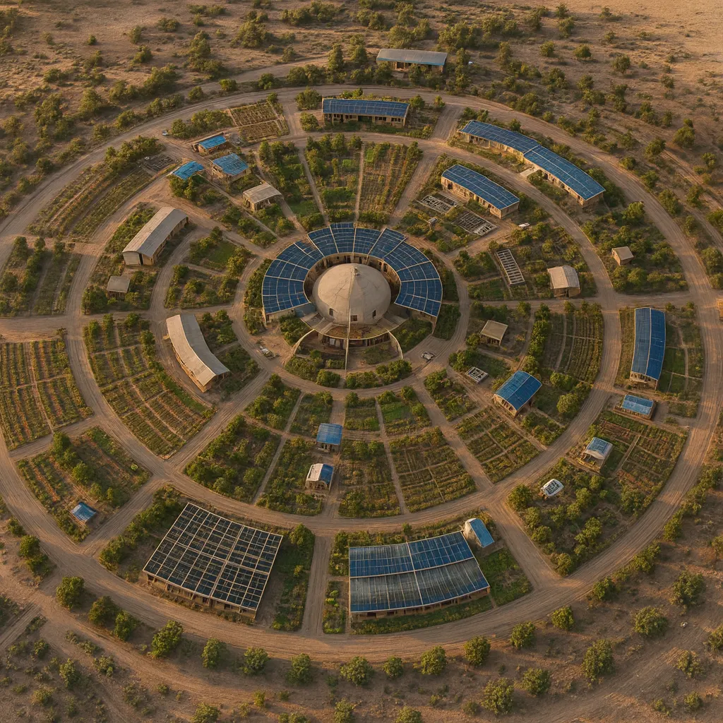 Conceptual top-down rendering of a circular settlement plan fitted to natural terrain.