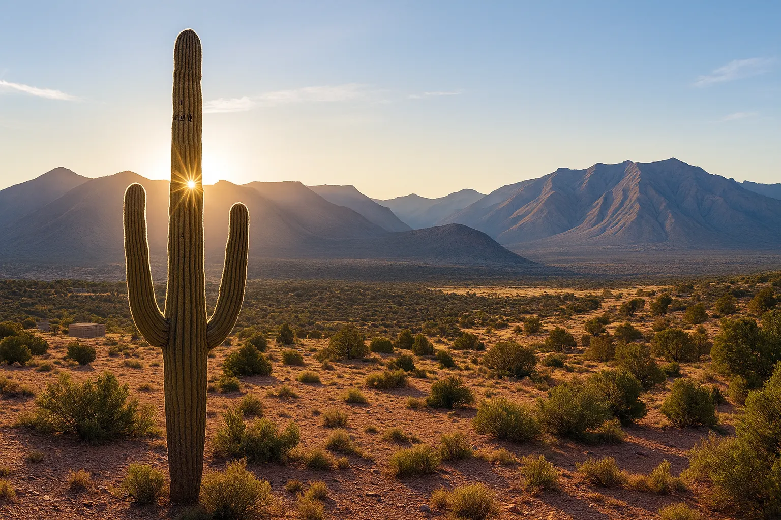Southeastern Arizona grassland with a saguaro and a mountain range.