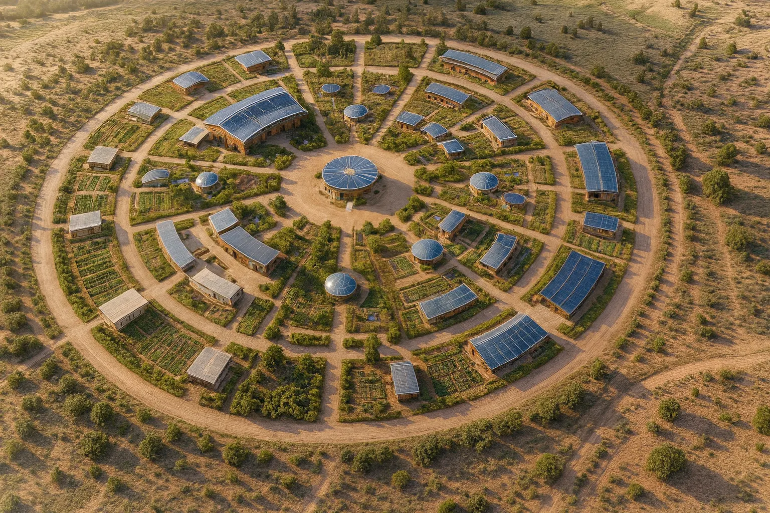 Conceptual aerial rendering of a circular settlement: a central community building ringed by small homes, gardens and workshops.