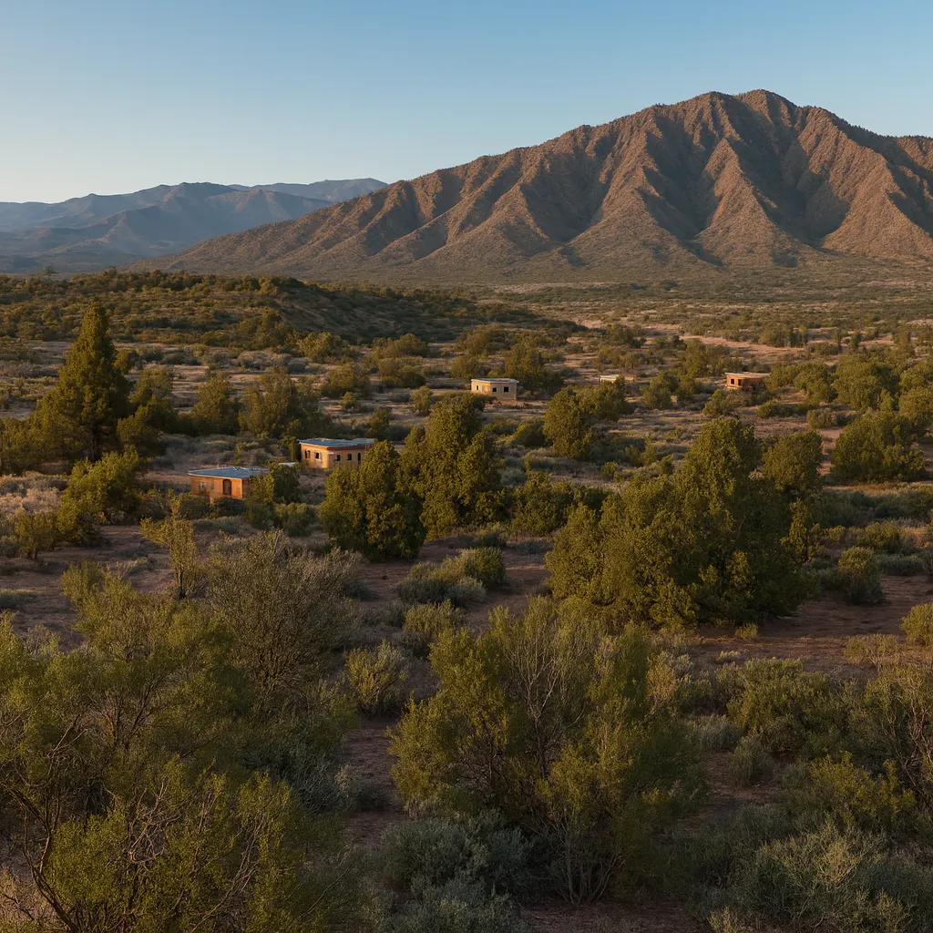 A green high-desert valley with junipers below a mountain.