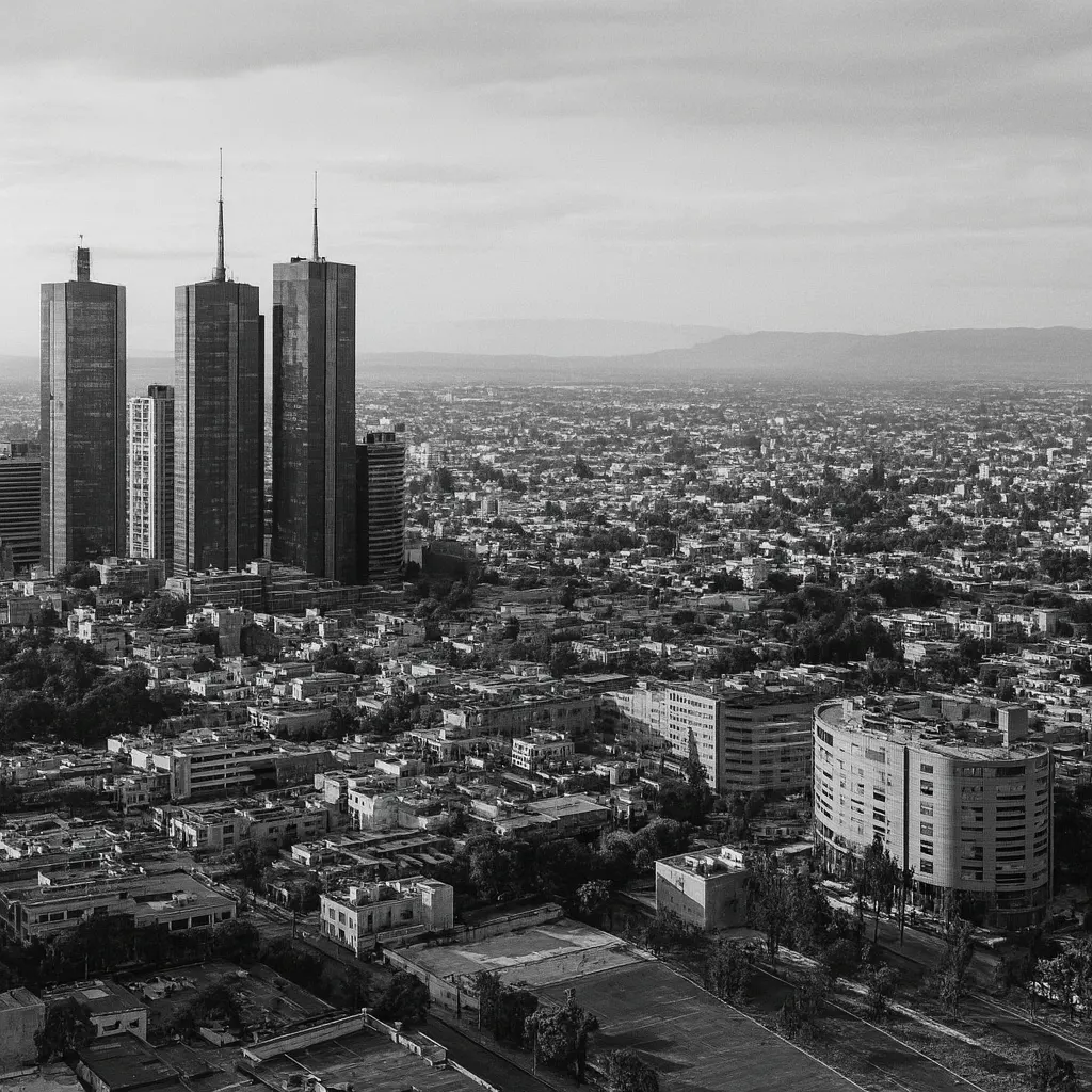 A dense city skyline of tall towers under a grey sky, in black and white.