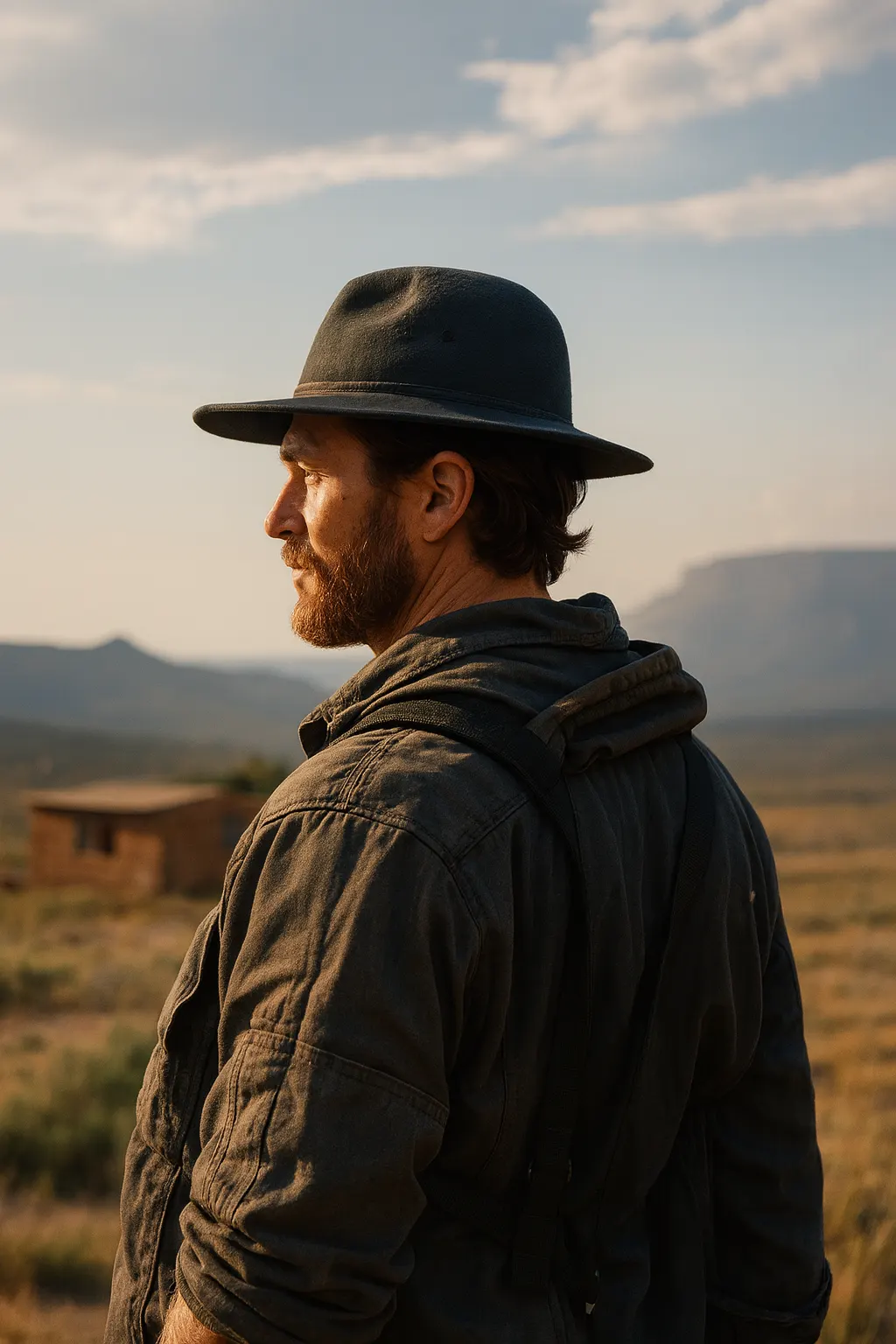 A builder in a wide-brimmed hat standing in the desert.