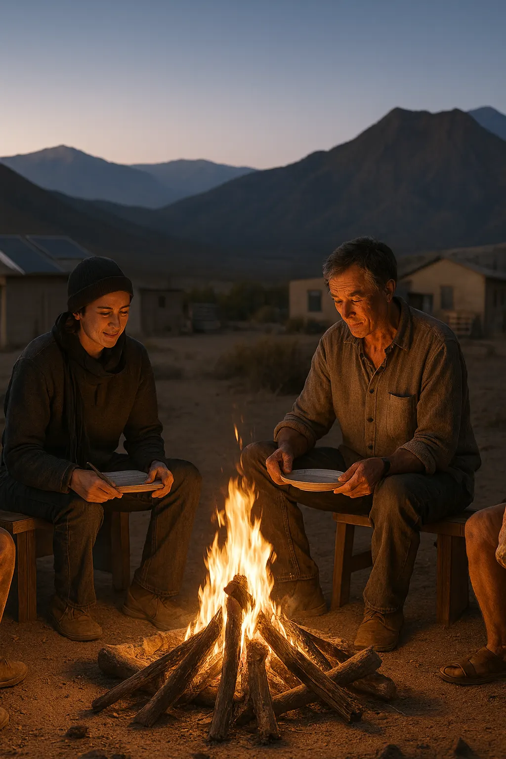 People sitting around a campfire at night.