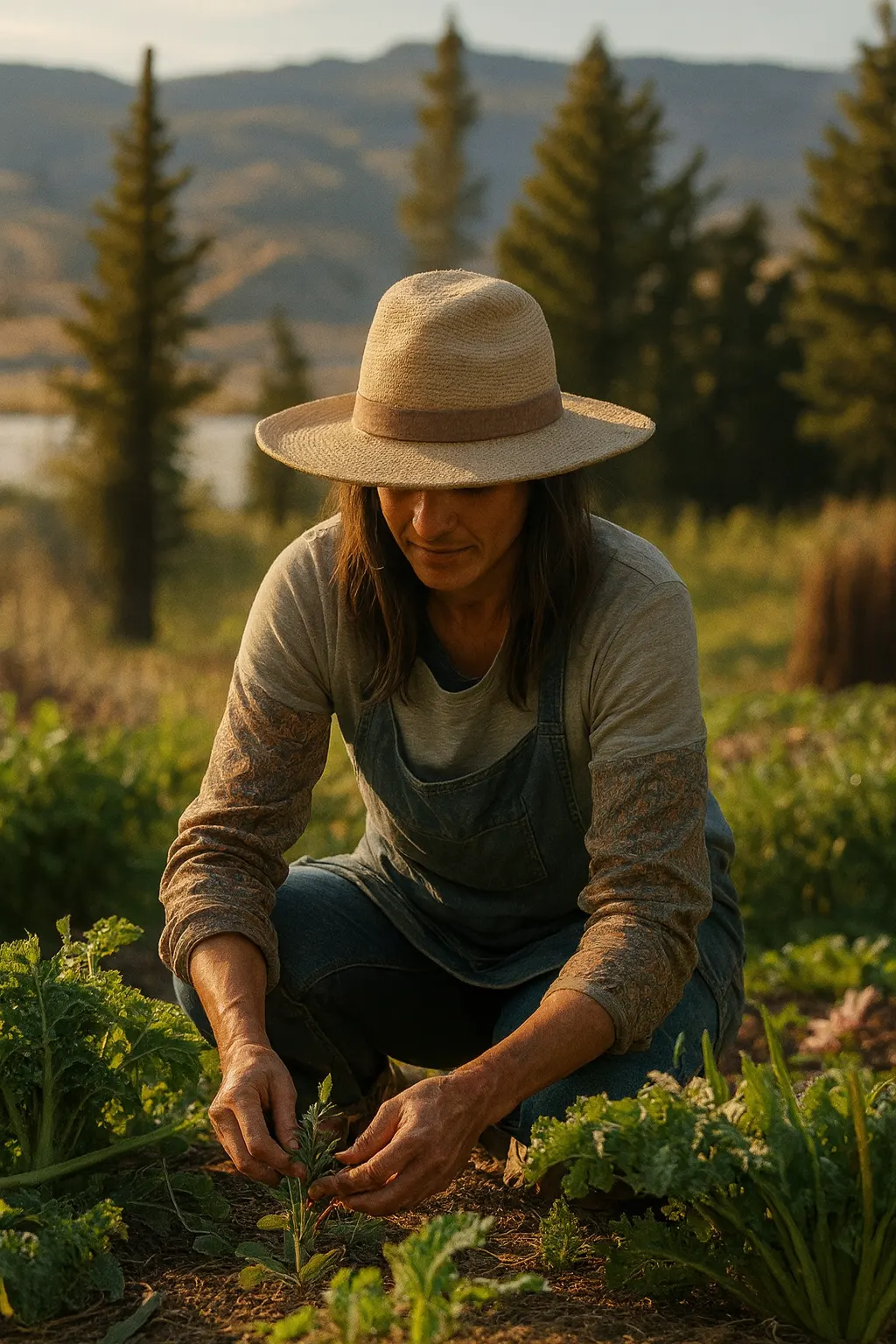 A grower in a sun hat tending plants.
