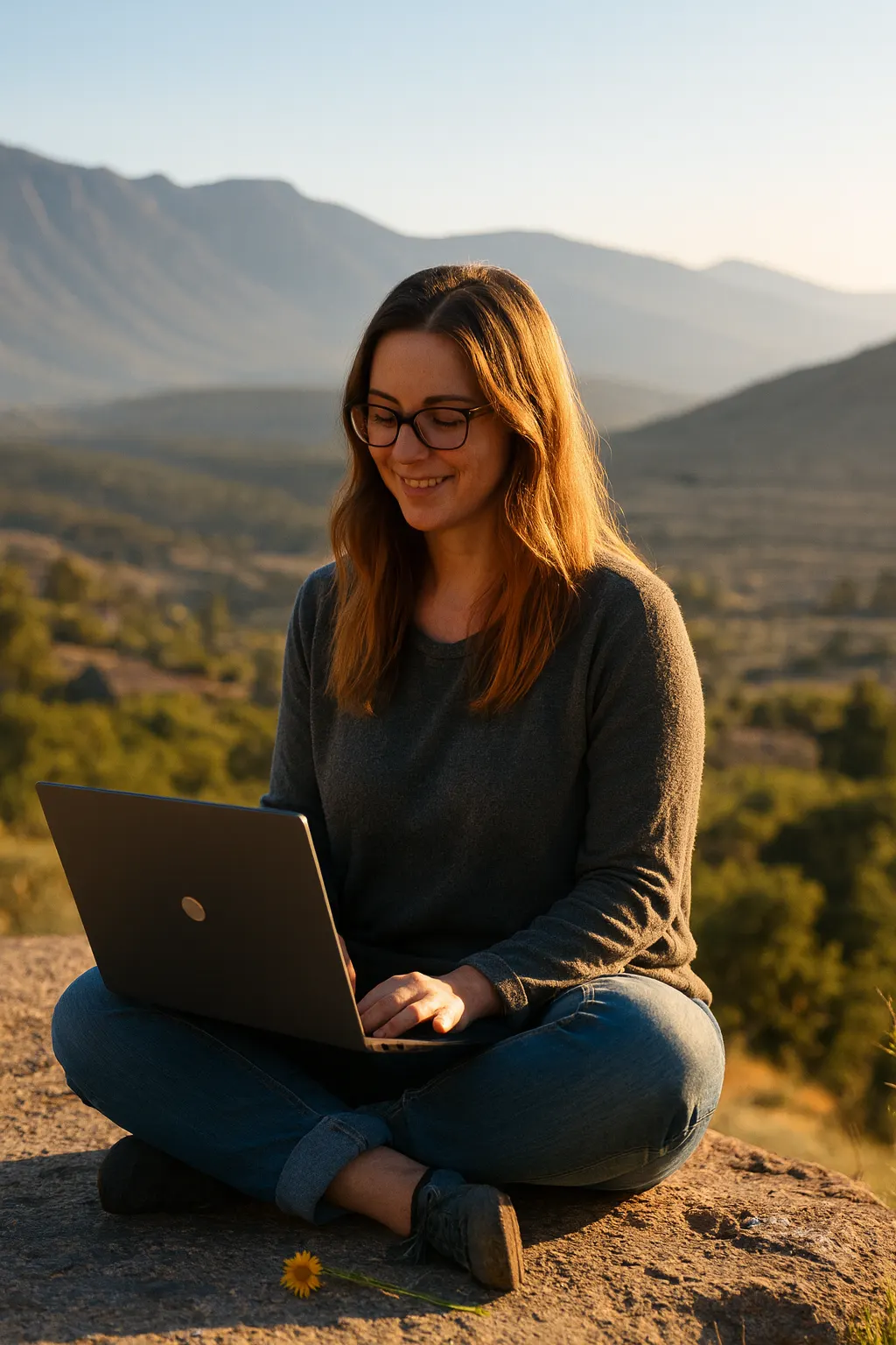 A remote worker with a laptop outdoors at golden hour.