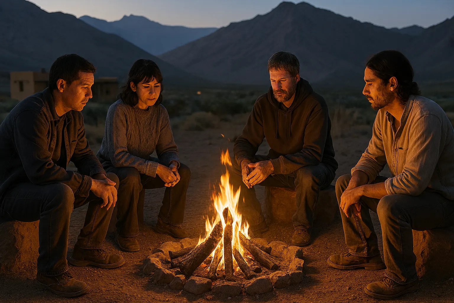 A small group talking around a campfire at dusk.
