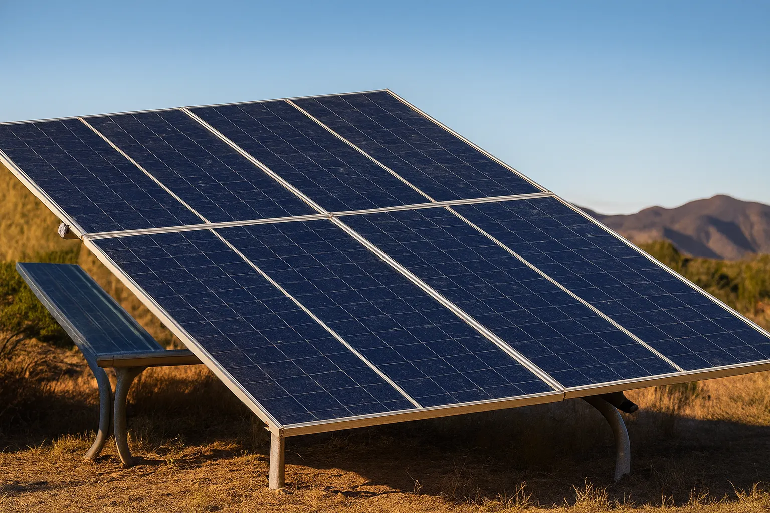 Ground-mounted solar panels in the desert.