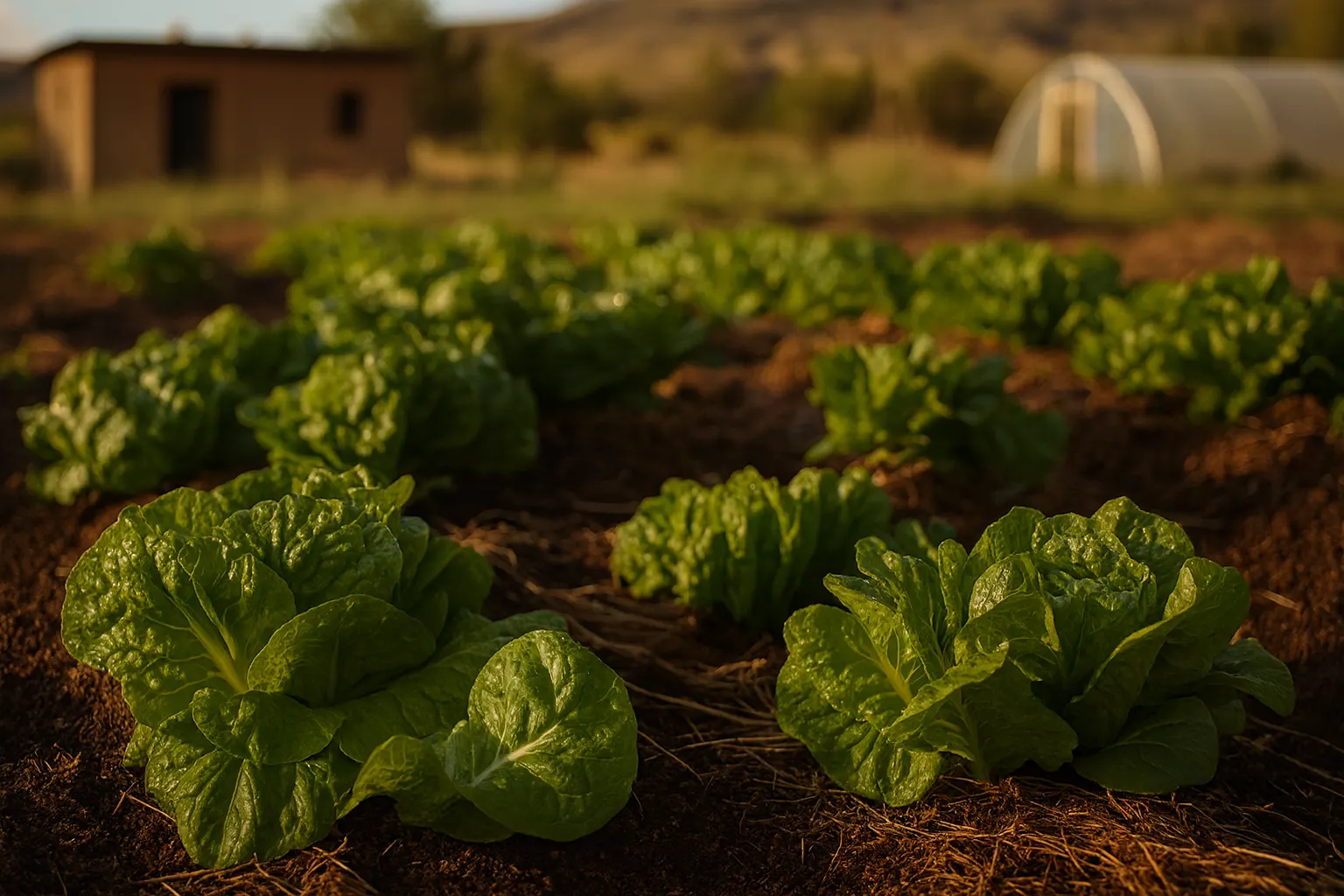 Rows of leafy greens growing in a garden bed.