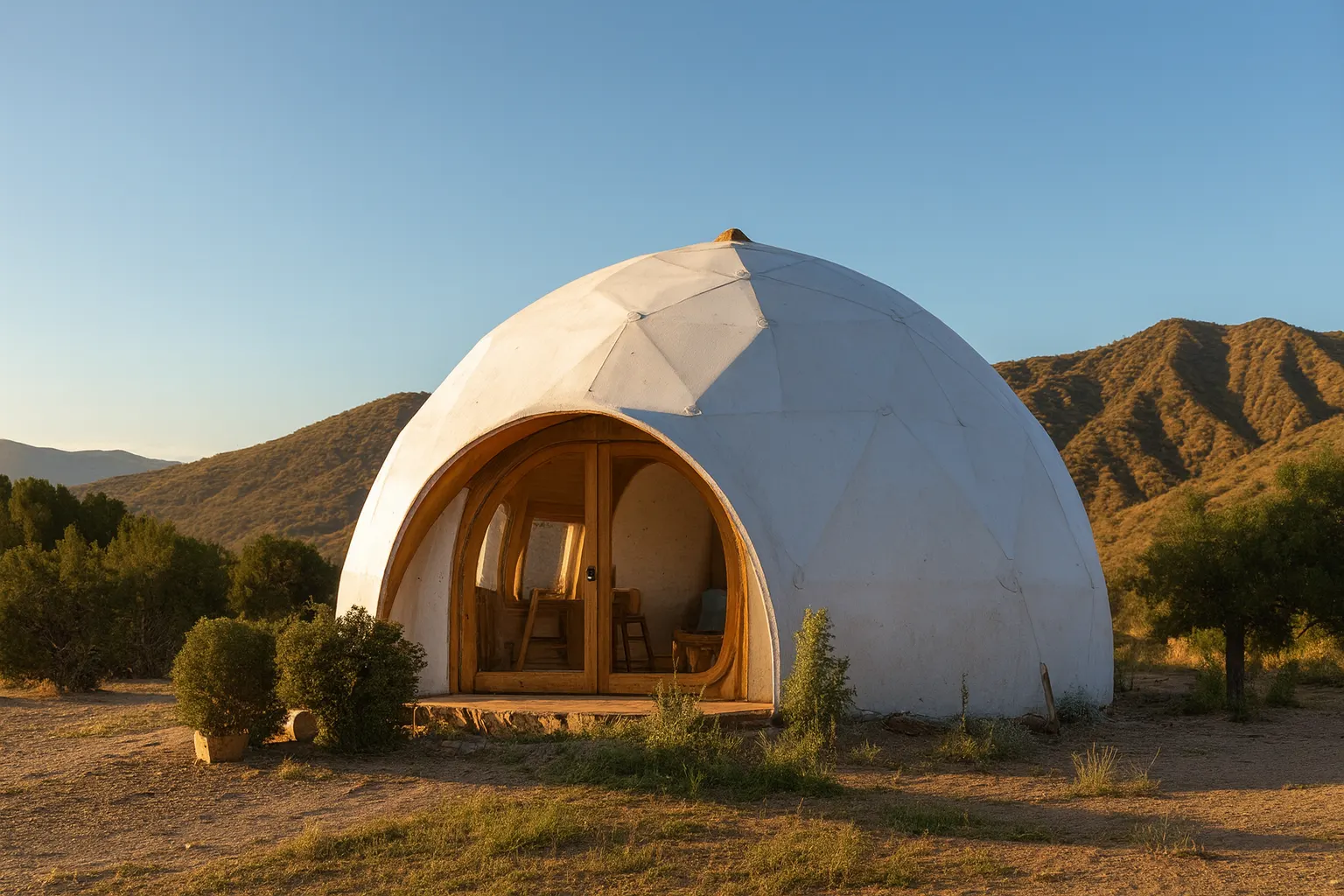 A simple white dome dwelling on a desert site.